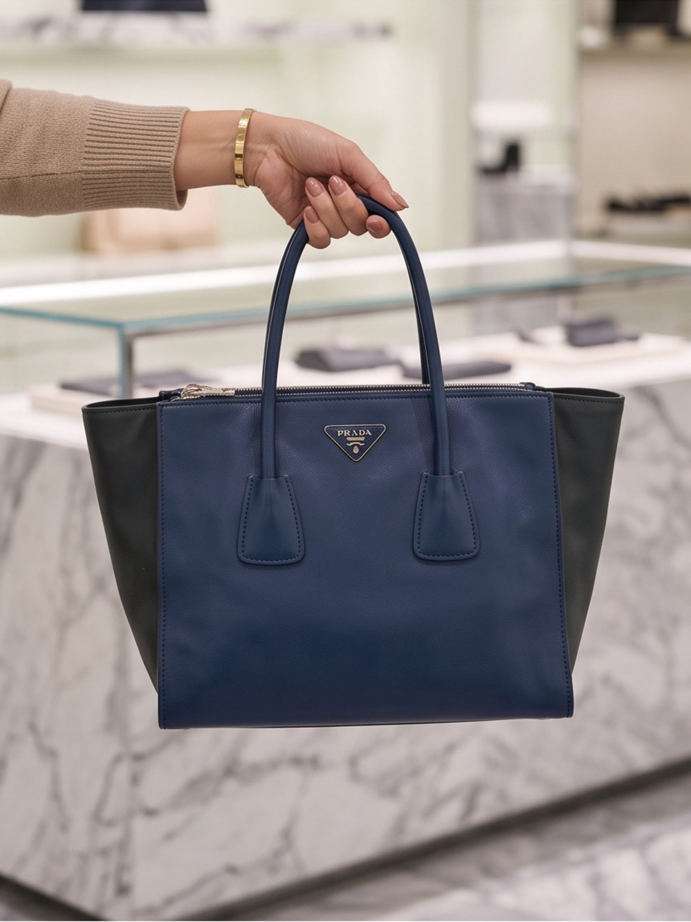 Prada NAVY CITY TWIN ZIPPER Blue and Black Leather